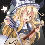  blonde_hair blush bow braid guitar hair_bow hat instrument kirisame_marisa long_hair microphone microphone_stand nekotama_shun open_mouth smile solo star touhou wink witch witch_hat yellow_eyes 
