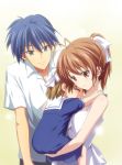  age_difference blue_eyes blue_hair brown_eyes brown_hair child clannad family father_and_daughter furukawa_nagisa highres husband_and_wife mother_and_daughter okazaki_tomoya okazaki_ushio ponytail short_hair 
