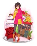  brown_hair cake capri_pants chair coat flower food highres original plant potted_plant saijou_hirokazu shoes short_hair sneakers solo 