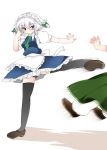  2girls ascot black_legwear blue_eyes blush braid hammer_(sunset_beach) hong_meiling izayoi_sakuya kicking maid maid_headdress multiple_girls short_hair thigh-highs touhou twin_braids white_hair 