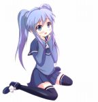  blue_eyes blue_hair blue_legwear blush imaichi_moenai_ko katoyuu kobe_shinbun long_hair school_uniform skirt sleeves_past_wrists solo thigh-highs thighhighs zettai_ryouiki 