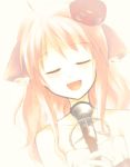  animal_ears bare_shoulders blush closed_eyes dog_days dog_ears dress eyes_closed flower gloves hair_down hair_flower hair_ornament long_hair microphone millhiore_f_biscotti momokami_usagi open_mouth pink_hair smile solo 