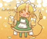  apron beer blonde_hair blush_stickers character_request chibi cup english fang foam futaba_channel horn kirin_(nijiura_maid) long_hair maid maid_headdress nijiura_maids open_mouth orange_eyes personification pointy_ears solo sweat tail 