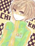  brown_hair glasses persona persona_4 satonaka_chie short_hair smiley_face tegaki track_jacket yellow-framed_glasses 