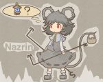  akihiyo animal_ears basket blush_stickers capelet dowsing_rod dress english footwear gem grey_hair highres jeweled_pagoda jewelry lantern mouse mouse_ears mouse_tail nazrin necklace pendant red_eyes shoes socks solo standing tail thought_bubble touhou 
