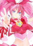  blue_eyes cure_melody frills hands houjou_hibiki long_hair magical_girl midriff pink_hair precure pupps smile solo suite_precure twintails 