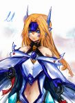  bare_shoulders blazblue blonde_hair blue_eyes cape headdress long_hair mu-12 