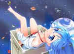  ahoge antenna_hair bad_feet bare_legs bare_shoulders barefoot blue_eyes blue_hair blush bow denpa_onna_to_seishun_otoko earth feet in_container long_hair looking_at_viewer looking_up nail_polish off_shoulder open_mouth planet school_uniform sitting skirt solo space touwa_erio ufo very_long_hair wapokichi 