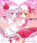  :q bat_wings blonde_hair blue_hair blush dress flandre_scarlet hand_holding hands_clasped hat heart heart-shaped_pupils holding_hands interlocked_fingers lavender_hair licking_lips multiple_girls omuni orange_eyes pink_dress red_dress red_eyes remilia_scarlet siblings side_ponytail sisters smile symbol-shaped_pupils thigh-highs thighhighs tongue touhou white_legwear wings zettai_ryouiki 