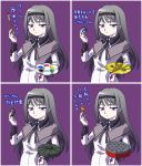  black_hair bob_ross bow chair_refusing_to_seat_anyone explosive food grenade hairband long_hair mahou_shoujo_madoka_magica nantoka_fumihiko paint paintbrush parody purple_eyes shield takoyaki tower_of_the_sun translated violet_eyes 