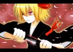  blonde_hair bow hair_bow hair_ribbon japanese_clothes katana kimono letterboxed red_eyes ribbon rumia scabbard sheath short_hair solo sword touhou unsheathing weapon youkai yutamaro 