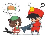  animal_ears anna_(or) anna_(pixiv) bird black_eyes blush brown_hair cape cat_ears cat_tail chen chibi crossover food hat jewelry lowres m_bison multiple_tails single_earring solid_circle_eyes spoken_food street_fighter tail thought_bubble touhou vega 