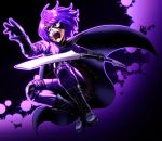  cape chiba_toshirou gloves hit-girl kick-ass mask purple_hair short_hair solo weapon 