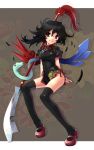  adapted_costume alternate_hairstyle asymmetrical_wings black_hair black_legwear china_dress chinese_clothes feathers houjuu_nue katahira_masashi mary_janes polearm red_eyes shoes sitting smile snake solo tassel thigh-highs thighhighs touhou weapon wings 