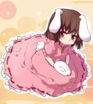  animal_ears bad_id black_hair bunny bunny_ears bunny_tail carrot dress from_above inaba_tewi jewelry kneeling light_smile looking_at_viewer necklace pink_dress rabbit red_eyes sam_(new_bee) short_hair sitting solo tail touhou 