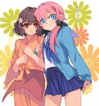  bad_id blue_eyes blush brown_eyes brown_hair cosplay crossdressinging flower hair_flower hair_ornament hanasaku_iroha inazuma_eleven inazuma_eleven_(series) inazuma_eleven_go japanese_clothes kirino_ranmaru lizzydom long_hair low_twintails matsumae_ohana matsumae_ohana_(cosplay) multiple_boys pink_hair school_uniform serafuku shindou_takuto short_hair skirt smile trap twintails 