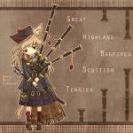  animal_ears bagpipes blush_stickers brown_eyes brown_hair dog_ears dog_tail english hat long_hair original personification plaid scarf sheath skirt solo sword tail weapon 