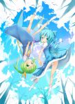  blue_dress blue_eyes blue_hair blue_sky cirno daiyousei dress forest fred04142 from_below green_eyes green_hair hair_ribbon nature open_mouth panties ribbon rotational_symmetry shoes side_ponytail sky smile touhou tree underwear upside-down upskirt v_arms white_panties wings 