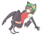  :&lt; adapted_costume animal_ears bare_shoulders black_gloves black_legwear blush brown_hair cat cat_ears cat_tail chen earrings elbow_gloves gloves hat jewelry multiple_tails red_eyes rock_heart short_hair simple_background single_earring solo star tail thigh-highs thighhighs touhou zettai_ryouiki 