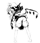  ass bacho barefoot bent_over bloomers crystal dress dress_tug fang flandre_scarlet from_behind hat hat_ribbon highres looking_back monochrome ribbon smile solo the_embodiment_of_scarlet_devil touhou wings 