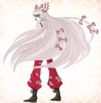  bad_id boots cigarette fujiwara_no_mokou highres kanna_annu long_hair looking_back pants profile shoes solo sparkle standing staring touhou very_long_hair 