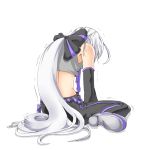  bare_shoulders bow detached_sleeves from_behind hair_bow hair_ornament hyoiki kneeling long_hair necktie pants sad silver_hair simple_background sitting solo trembling very_long_hair vocaloid voyakiloid wariza white_background yowane_haku 