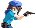  beret brown_hair cosplay fingerless_gloves gloves gun hat jill_valentine jill_valentine_(cosplay) kusakabe_misao lucky_star pistol resident_evil rindou_(awoshakushi) short_hair solo weapon yellow_eyes 