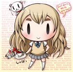  bear blonde_hair cake chibi cup english eyebrows food k-on! kotobuki_tsumugi long_hair onigawara skirt smile solo tea uniform 