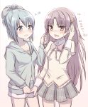  alternate_costume alternate_hairstyle blush casual comic cosplay costume_switch drooling hairstyle_switch hoodie kasumi_(pluvieux_tigre) long_hair mahou_shoujo_madoka_magica miki_sayaka misu_kasumi multiple_girls ponytail sakura_kyouko sakura_kyouko_(cosplay) short_hair translated yuri 