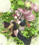  black_legwear boots closed_eyes eyes_closed flower from_above headphones kazuyo long_hair lying megurine_luka petals pink_hair red_rose rose skirt solo thigh-highs thighhighs vocaloid 