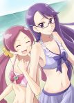  2girls beach bikini bow closed_eyes eyes_closed frilled_bikini frills front-tie_top glasses hanasaki_tsubomi heart heartcatch_precure! long_hair multiple_girls navel ocean open_mouth pink_hair precure purple_eyes purple_hair satogo smile swimsuit tsukikage_yuri twintails violet_eyes 