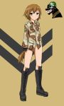  bad_id boots brown_hair camouflage commentary commentary_request fingerless_gloves gloves green_eyes high_boots knee_boots military military_uniform no_pants ogitsune_(ankakecya-han) original panties solo strike_witches strike_witches_1991 underwear uniform 
