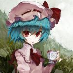  :o ascot blood blue_hair blush bust chair cup face fang gond hage hat looking_at_viewer open_mouth pinky_out portrait red_eyes remilia_scarlet short_hair short_sleeves sitting solo touhou tsurime 