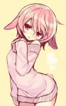  1girl animal_ears arched_back character_request heart minamura_haruki parted_lips pink_eyes pink_hair short_hair sleeves_past_wrists solo sweater_dress 