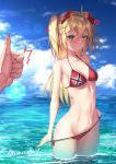  1boy 1girl admiral_hipper_(azur_lane) ahoge alternate_costume anger_vein angry aono_meri azur_lane bangs beach bikini bikini_tug blonde_hair blue_sky blurry blush breasts clouds collarbone day depth_of_field eyebrows_visible_through_hair green_eyes groin hair_between_eyes headgear highres iron_cross long_hair looking_at_viewer mole navel ocean outdoors parted_lips partially_submerged pov red_bikini sky small_breasts standing stomach sunlight swimsuit thighs thumbs_up twitter_username two_side_up 