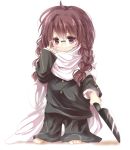 ao_oni bad_id braid brown_eyes brown_hair business_suit chibi emia glasses hand_on_own_face hand_to_face hiroshi_(ao_oni) knife madotsuki scarf solo twin_braids yume_nikki 