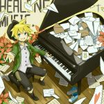  blonde_hair blue_eyes corekadoya from_above hat instrument kadokoa kagamine_len letter male paper_airplane piano shorts sitting smile solo vocaloid 