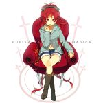  boots bow box casual chair couch crossed_legs denim denim_shorts english hair_bow jacket long_hair mahou_shoujo_madoka_magica mouth_hold perspective pocky ponytail red_eyes red_hair redhead sakura_kyouko shorts sitting solo yunomachi 