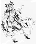  bad_id belt bow fire fujiwara_no_mokou grin hair_bow hand_on_hip hands highres hips long_hair millipen_(medium) monochrome navel oshima pants shirt shoes smile solo suspenders touhou traditional_media very_long_hair 