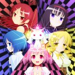  black_hair blonde_hair blue_hair highres hitsuji_(odium) kaname_madoka kyubey long_hair mahou_shoujo_madoka_magica miki_sayaka pentagram pink_hair ponytail red_hair redhead sakura_kyouko short_hair soul_gem tomoe_mami twintails 