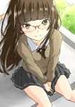  amagami bangs bare_legs bespectacled between_legs between_thighs blunt_bangs brown_hair from_above glasses hand_between_legs kamizaki_risa long_hair looking_at_viewer pleated_skirt red-framed_glasses school_uniform shouji_2 sitting skirt smile solo v_arms wind 