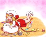  ascot banana bat_wings blonde_hair blush candy closed_eyes cookie cup eating eyes_closed fang flandre_scarlet food fruit hat holding lollipop lying muffin on_stomach open_mouth pillow plate shiba_murashouji short_hair skirt smile solo the_embodiment_of_scarlet_devil touhou wings 