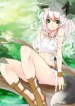  fox_ears fox_tail front-tie_top green_hair highres in_tree jewelry midriff nanahara_fuyuki necklace original sandals shorts silver_hair sitting sitting_in_tree sittting smile solo tail tree 