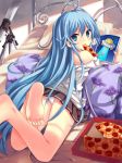  antenna_hair bare_legs bare_shoulders barefoot bed blue_eyes blue_hair blush cow denpa_onna_to_seishun_otoko eating feet food futon long_hair looking_back lying mouth_hold off_shoulder on_stomach panties pcmaniac88 pizza pizza_box school_uniform skirt soles solo telescope touwa_erio ufo underwear very_long_hair white_panties 