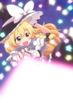  aiming_at_viewer blonde_hair blush bow braid brown_hair capelet hair_bow hat highres kirisame_marisa massala mini-hakkero pov_aiming solo star touhou witch witch_hat 