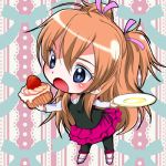  blue_eyes blush brown_hair chibi cupcake food fruit houjou_hibiki long_hair lovelabo lowres pants plate precure shirt short_twintails skirt solo strawberry suite_precure twintails two_side_up 