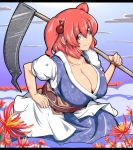  bad_id breasts cleavage cloud clouds flower hair_bobbles hair_ornament hand_on_hip hips large_breasts letterboxed onozuka_komachi red_eyes red_hair redhead scythe short_hair solo spider_lily suetsuki_nagomu touhou twintails 