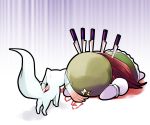  chibi crossover dying_message hat highres hong_meiling knife knifed kyubey lying mahou_shoujo_madoka_magica on_stomach red_hair star sweatdrop throwing_knife touhou weapon yume_shokunin 