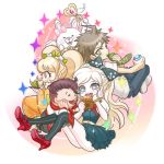  2boys 2girls ahoge blonde_hair bow brown_hair dangan_ronpa dress eating food hair_bow hanamura_teruteru high_heels hinata_hajime monomi_(dangan_ronpa) multiple_boys multiple_girls necktie saionji_hiyoko shoes smile sonia_nevermind super_dangan_ronpa_2 thigh-highs twintails wand yuko_o 