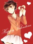  blush brown_hair casual casual_wear female_protagonist_(persona_3) heart mentaishi persona persona_3 persona_3_portable red_eyes skirt smile sweater valentine 